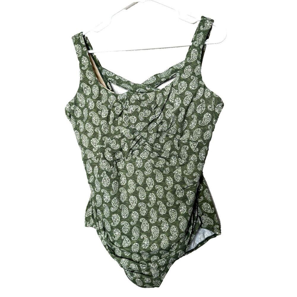 Lands' End 18W Swimsuit One Piece Underwire Bra Top Green White Paisley Swim